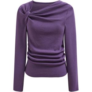 imageCHICWISH Women Casual Long Sleeve Pullover Top Side Knot Ruched Blouse Slim Fitted Basic Solid Knit Tops Fall TrendyPurple