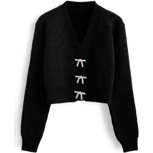 imageCHICWISH Women Crop Cardigan Sweaters Bowknot Brooch Button Knit Cardigans Open Front Long Sleeves Sweater TopsBlack
