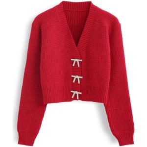 imageCHICWISH Women Crop Cardigan Sweaters Bowknot Brooch Button Knit Cardigans Open Front Long Sleeves Sweater TopsRed