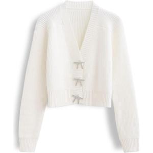 imageCHICWISH Women Crop Cardigan Sweaters Bowknot Brooch Button Knit Cardigans Open Front Long Sleeves Sweater TopsWhite