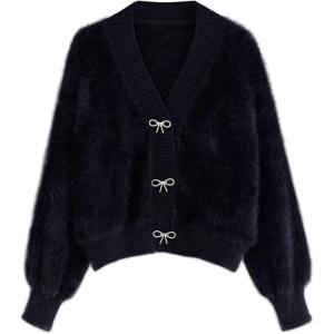 imageCHICWISH Women Crop Fuzzy Cardigan Bowknot Brooch Button Knit Cardigans Open Front Long Sleeves Sweater TopsBlack Fuzzy
