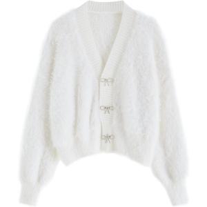 imageCHICWISH Women Crop Fuzzy Cardigan Bowknot Brooch Button Knit Cardigans Open Front Long Sleeves Sweater TopsWhite Fuzzy