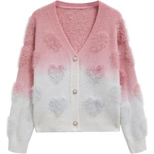 imageCHICWISH Women Cute Ombre Fuzzy Heart Button Down Cardigan V Neck Long Sleeve Soft Valentines Knit Sweater Coat Pink