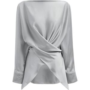 imageCHICWISH Women Long Sleeve Satin Silk Top Crisscross Waist Boat Neck Elegant Dressy Party Blouse Tunic TopsGrey