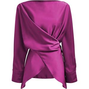 imageCHICWISH Women Long Sleeve Satin Silk Top Crisscross Waist Boat Neck Elegant Dressy Party Blouse Tunic TopsMagenta
