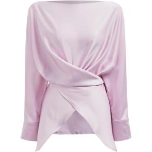 imageCHICWISH Women Long Sleeve Satin Silk Top Crisscross Waist Boat Neck Elegant Dressy Party Blouse Tunic TopsPink