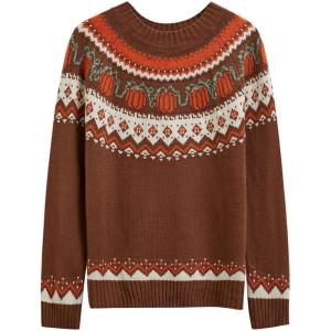 imageCHICWISH Women Pumpkin Print Long Sleeves Knit Sweater Crewneck Casual Pullover Tops Fall Halloween Party SweatershirtBrown