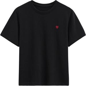 imageCHICWISH Women Summer Short Sleeve Top Heart Pattern Crewneck TShirts Loose Fit Casual Cotton Tunic Tops TeesBlack