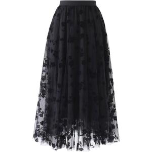 imageCHICWISH Womens 3D Posy DoubleLayered Mesh Midi SkirtBlack