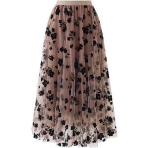 imageCHICWISH Womens 3D Posy DoubleLayered Mesh Midi SkirtCaramel3d Posy