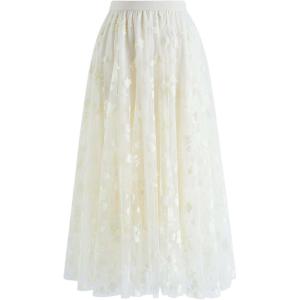 imageCHICWISH Womens 3D Posy DoubleLayered Mesh Midi SkirtCream3d Posy