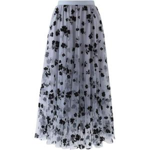imageCHICWISH Womens 3D Posy DoubleLayered Mesh Midi SkirtDusty Blue3d Posy