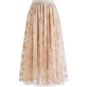 imageCHICWISH Womens 3D Posy DoubleLayered Mesh Midi SkirtLight Tan3d Posy