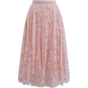 imageCHICWISH Womens 3D Posy DoubleLayered Mesh Midi SkirtPink
