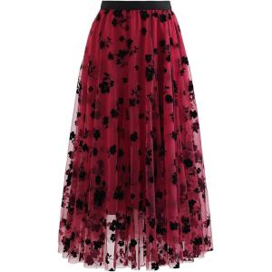 imageCHICWISH Womens 3D Posy DoubleLayered Mesh Midi SkirtRed3d Posy