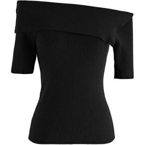 imageCHICWISH Womens Folded OffShoulder ShortSleeve Knit TopShortsleeveblack