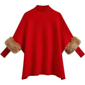 imageCHICWISH Womens Mock Neck Oversized Sweaters Faux Fur Sleeve Loose Casual Cape Knit Sweaters Poncho Pullover TopsRed