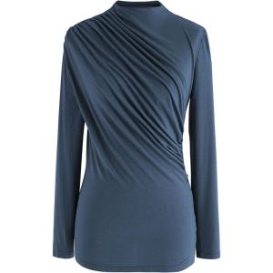 imageCHICWISH Womens Mock Neck Ruched Long Sleeves Knit TopMock Neckteal