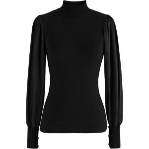 imageCHICWISH Womens Mock Neck Satin Spliced Bubble Sleeves Knit TopBubble Sleevesblack