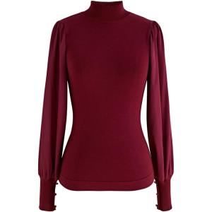 imageCHICWISH Womens Mock Neck Satin Spliced Bubble Sleeves Knit TopBubble Sleevesburgundy
