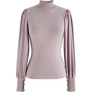 imageCHICWISH Womens Mock Neck Satin Spliced Bubble Sleeves Knit TopBubble Sleevesmauve