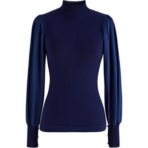 imageCHICWISH Womens Mock Neck Satin Spliced Bubble Sleeves Knit TopBubble Sleevesnavy
