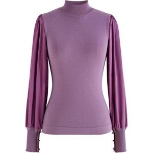 imageCHICWISH Womens Mock Neck Satin Spliced Bubble Sleeves Knit TopBubble Sleevesviolet