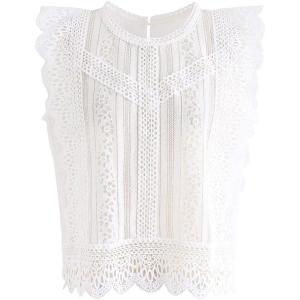 imageCHICWISH Womens WhiteBlack Crochet Trim Full Lace Crochet Round Neck Sleeveless Crop TopCrochet Trimwhite