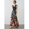 imageCHICWISH Women 3D Floral Applique Maxi Dress Shoulder Tie Strap Square Neck Elegant Party Long Mesh Tulle DressBlack