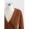 imageCHICWISH Womens Comfy Casual Caramel Mesh Overlay Long Sleeve Wrap Crop Knit TopCaramel