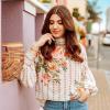 imageCHICWISH Womens Fancy in Gardens Rose Printed Floral Chiffon Top with Bubble SleeveWhite