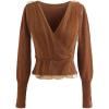 imageCHICWISH Womens Comfy Casual Caramel Mesh Overlay Long Sleeve Wrap Crop Knit TopCaramel