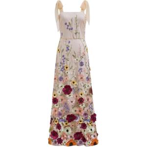 imageCHICWISH Women 3D Floral Applique Maxi Dress Shoulder Tie Strap Square Neck Elegant Party Long Mesh Tulle DressApricot