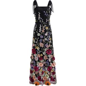imageCHICWISH Women 3D Floral Applique Maxi Dress Shoulder Tie Strap Square Neck Elegant Party Long Mesh Tulle DressBlack