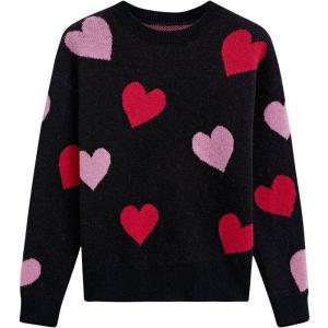 imageCHICWISH Women Pullover Sweater Heart Pattern Knit Sweaters Casual Cute Crewneck Long Sleeve Chunky Valentines TopsBlack