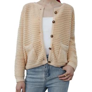 imageCHICWISH Women Waffle Knit Sweater Cardigan Open Front Button Crop Cardigan Long Sleeve Fall Casual Coat with PocketsApricot