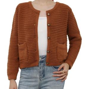 imageCHICWISH Women Waffle Knit Sweater Cardigan Open Front Button Crop Cardigan Long Sleeve Fall Casual Coat with PocketsPumpkin