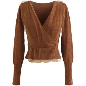 imageCHICWISH Womens Comfy Casual Caramel Mesh Overlay Long Sleeve Wrap Crop Knit TopCaramel