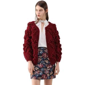 imageCHICWISH Womens Soft Heart Shape Balls Hand Knit Open Front Hot PinkIvoryLavenderPinkArmy GreenWine CardiganWine
