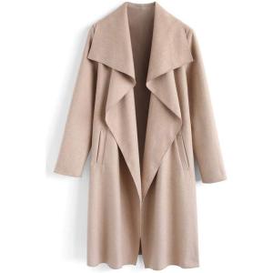 imageCHICWISH Womens Wide Lapel Open Front Long Sleeve SandWineBlackGrey Wool Blend Trench CoatSand