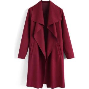 imageCHICWISH Womens Wide Lapel Open Front Long Sleeve SandWineBlackGrey Wool Blend Trench CoatWine