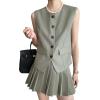 imageCHICWISH Women Summer 2 Piece Outfits Button Down V Neck Sleeveless Vest Blazer Waistcoat and Pleated Mini Dress SetGrey