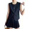 imageCHICWISH Women Summer 2 Piece Outfits Button Down V Neck Sleeveless Vest Blazer Waistcoat and Pleated Mini Dress SetNavy