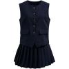 imageCHICWISH Women Summer 2 Piece Outfits Button Down V Neck Sleeveless Vest Blazer Waistcoat and Pleated Mini Dress SetNavy