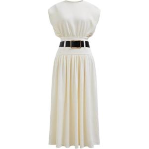imageCHICWISH Women 2 Piece Outfits Set Casual Crew Neck Cap Sleeves Crop Knit Top and High Waist Midi Skirt with BeltCream