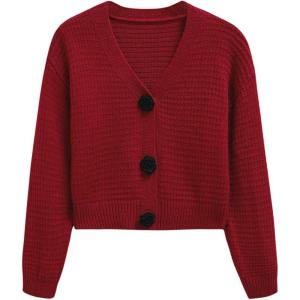 imageCHICWISH Women Open Front Rose Buttoned Crop Knit Cardigan V Neck Long Sleeve Casual Solid Sweaters Cardigan TopRed
