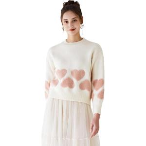 imageCHICWISH Women Oversized Sweaters Tender Fuzzy Heart Jacquard Crewneck Long Sleeve Fashion Pullover Sweater Jumper Tops IvoryIvory