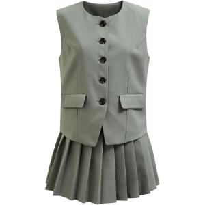 imageCHICWISH Women Summer 2 Piece Outfits Button Down V Neck Sleeveless Vest Blazer Waistcoat and Pleated Mini Dress SetGrey