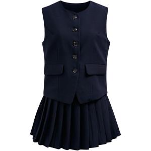 imageCHICWISH Women Summer 2 Piece Outfits Button Down V Neck Sleeveless Vest Blazer Waistcoat and Pleated Mini Dress SetNavy