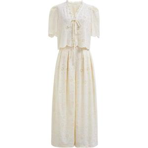 imageCHICWISH Women Summer Sets 2 Piece Outfits Cotton Sunflower Eyelet Embroidered Puff Short Sleeve Top and Wide Leg Pants CreamCream